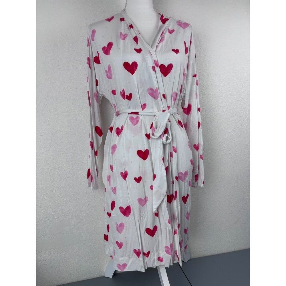 Soma women's large white pink heart print mid length cool nights robe loungewear - Picture 2 of 9
